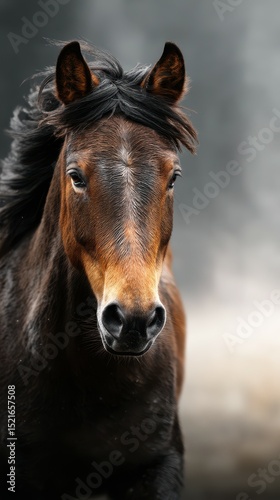 Majestic brown horse in motion against a blurred background in a natural setting at dusk