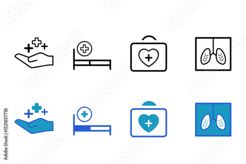 Healthcare medicare vector icon set. Icons related to medicine, doctor, clinic, health, family health, medical check-up, lab test, DNA analysis, patient care, and health insurance. Vector illustration