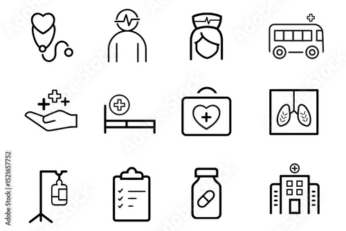 Healthcare medicare line icon set. Icons related to medicine, doctor, clinic, health, family health, medical check-up, lab test, DNA analysis, patient care, and health insurance. Vector illustration