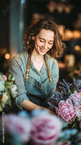 Florist Arranging Pink Peonies and Lavender in a Vibrant Flower Shop During L...