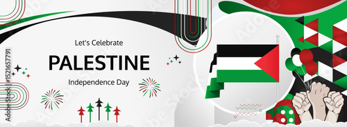 Palestine Independence Day modern greeting banner. 15 November Happy National Day. Festive horizontal background with flag colors, great for carnival poster, tourism campaign, celebrations holidays