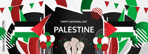 Palestine Independence Day modern greeting banner. 15 November Happy National Day. Festive horizontal background with flag colors, great for carnival poster, tourism campaign, celebrations holidays