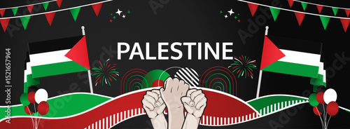 Palestine Independence Day modern greeting banner. 15 November Happy National Day. Festive horizontal background with flag colors, great for carnival poster, tourism campaign, celebrations holidays