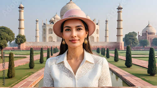 Environmental portrait photography of a blissful girl in her 40s wearing a sophisticated pillbox hat in front of the taj mahal in agra india. With  technology
