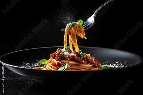 Fork Twirls Spaghetti With Meat Sauce and Fresh Basil on a Black Plate in a D...