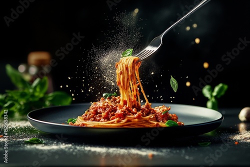 Delicious Spaghetti With Meat Sauce Twirled on a Fork Ready to Be Served.