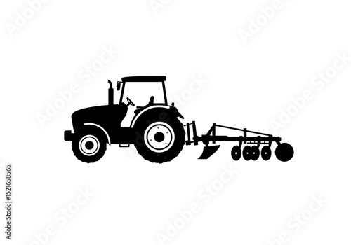 A black silhouette of a tractor with a plow attached on a white background in a vector style image