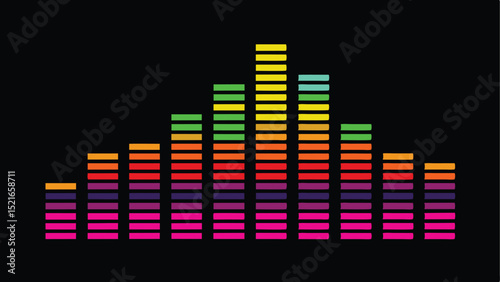 Vibrant fluorescent music equalizer bars in colorful vector design on transparent background