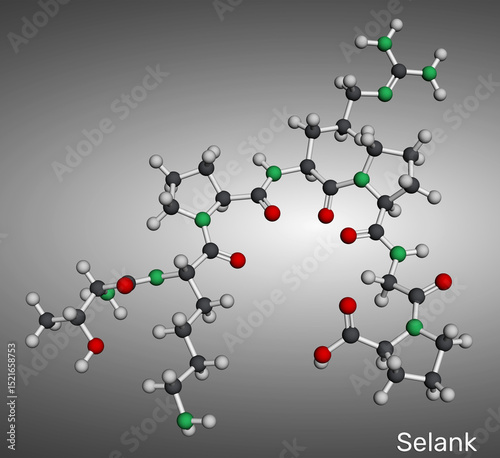 Selank molecule. Synthetic heptapeptide with anxiolytic and neuroprotective properties. Molecular model. 3D rendering photo