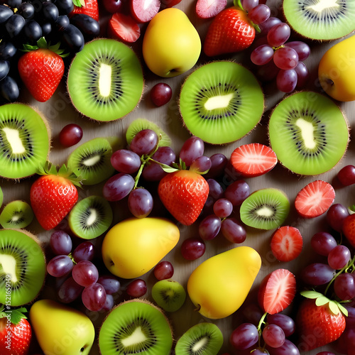 Fresh Fruit Medley: An array of vibrant and fresh fruits, showcasing juicy strawberries, kiwis, grapes, and a luscious pear, all artfully arranged to tantalize the senses.