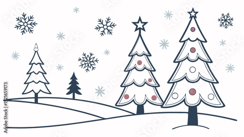 Winter christmas scene with trees snowflakes and snowdrifts in clean minimal style