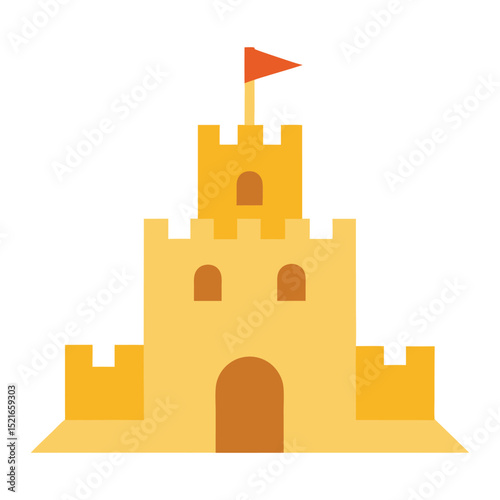 Simple flat vector illustration of a sandcastle with a red flag