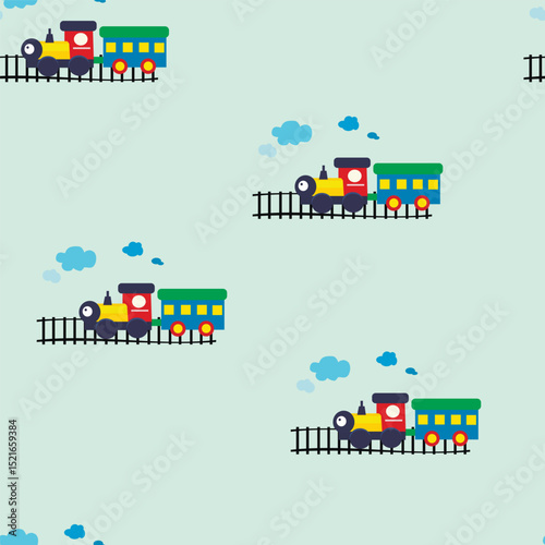 seamless pattern for boys train with carriage and railway and clouds