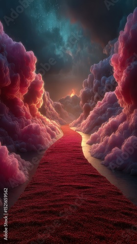 Vibrant path through pink clouds leads to a glowing sunset in a surreal landscape at twilight