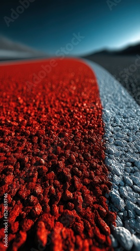 Close-up view of a textured road surface showing vibrant red and white markings under clear skies