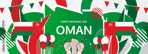 Oman National Day modern greeting banner. 18 November as Oman National Independence Day. Festive horizontal background with flag colors, great for carnival poster, celebrations, holidays flash sale