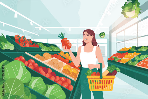 Healthy Eating A Woman Grocery Shopping for Fresh Produce