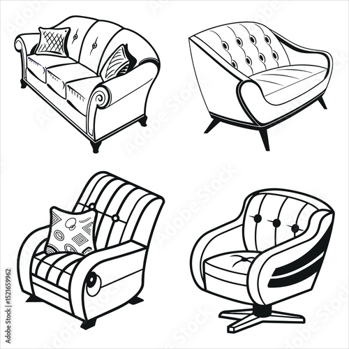 Four Stylish Armchair Designs in Vector Illustration