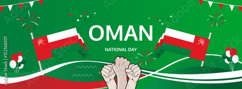 Oman National Day modern greeting banner. 18 November as Oman National Independence Day. Festive horizontal background with flag colors, great for carnival poster, celebrations, holidays flash sale