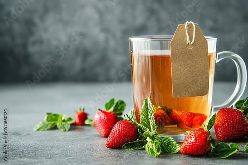 Refreshing Herbal Tea With Strawberries on a Stone Surface in a Cozy Kitchen.