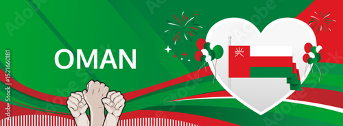 Oman National Day modern greeting banner. 18 November as Oman National Independence Day. Festive horizontal background with flag colors, great for carnival poster, celebrations, holidays flash sale