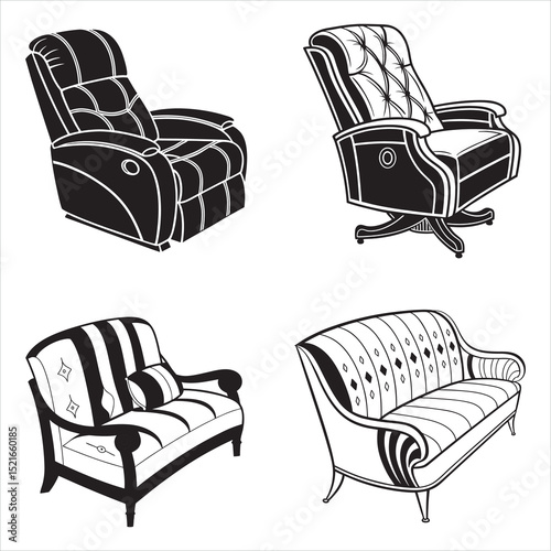 Four Stylish Armchair Designs in Vector Illustration