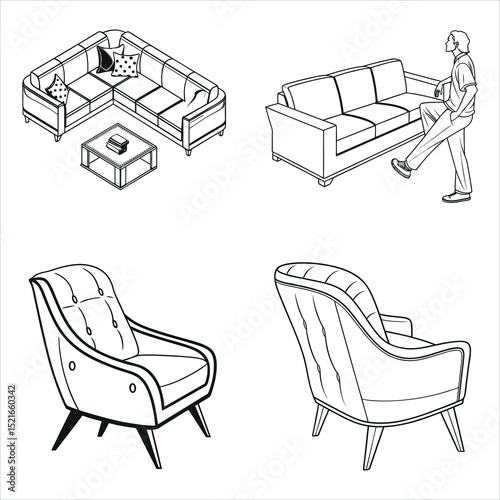 Four Stylish Armchair Designs in Vector Illustration