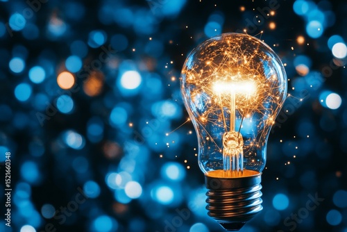 Bright Light Bulb Glowing Amidst a Bokeh Background of Blue and Gold During a...