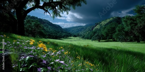 Vibrant wildflowers bloom in a lush green valley under dramatic clouds during the late afternoon