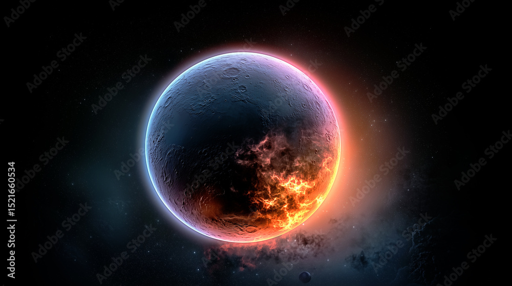 Obraz premium A fiery planet exploding and burning in the darkness of outer space.