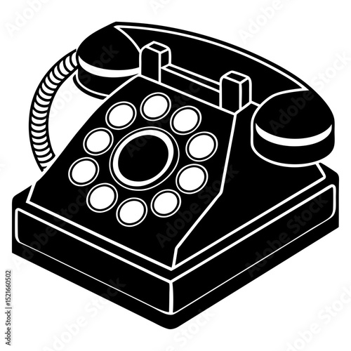 Vintage rotary dial telephone isometric black silhouette illustration