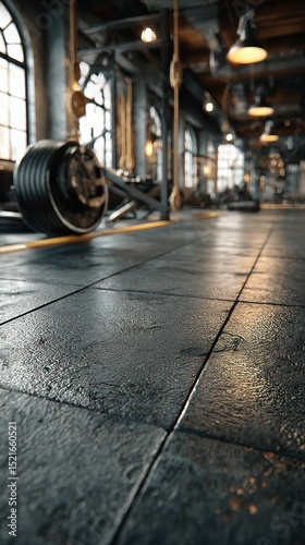 Fitness center interior with heavy weights and polished floor during morning hours