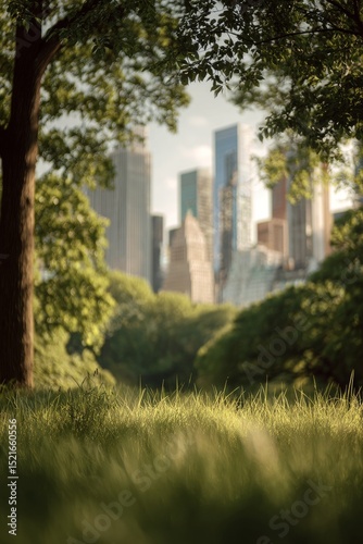 Nature Meets Urban Skyline in a Peaceful Green Space on a Sunny Afternoon