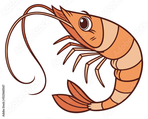 Cartoon illustration of a single orange shrimp swimming