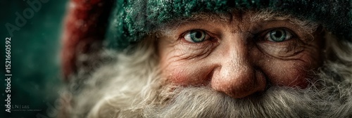 Cheerful older man with snowy beard and vibrant blue eyes wearing a festive hat during winter holidays
