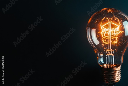 Light Bulb Illuminating With Warm Glow Against Dark Background Showcasing Fil...