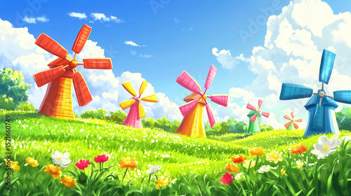 Rainbow Windmills in Dreamy Landscape – Whimsical Clean Energy Scene