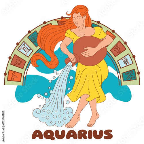 Colorful vector illustration of Aquarius zodiac sign. Woman with flowing hair pouring water from a jug, surrounded by astrological symbols. Horoscope concept.