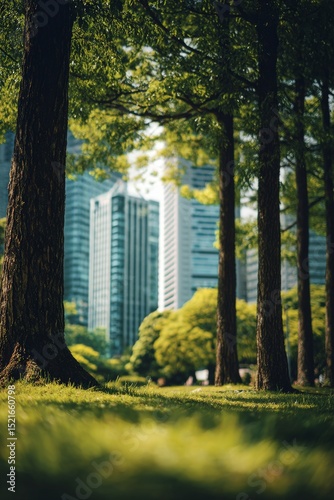 Urban Park in the City Center Framed by Greenery During Golden Hour Sunlight.