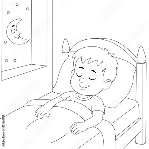 Black and white illustration of a happy boy sleeping in bed at night. Cartoon coloring page with moon smiling through the window. Bedtime scene for kids