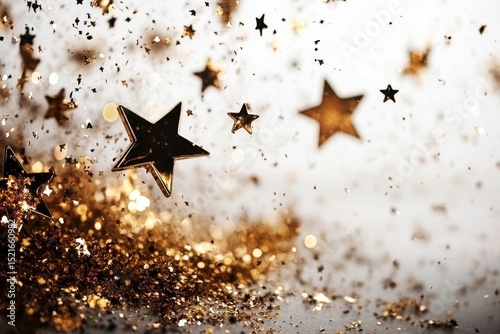 Glittering Golden Stars Scatter Over a Clean White Background During a Festiv...