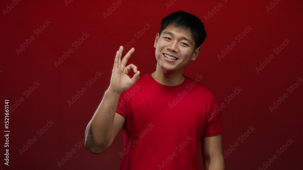 Naklejka premium Young chinese man in red shirt shows okay sign against isolated red background conveying approval and confidence