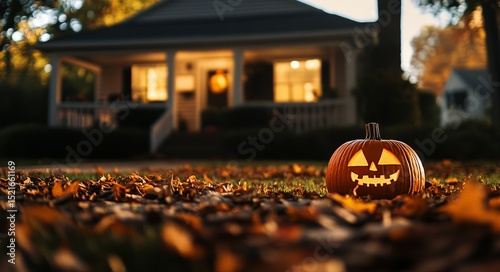 Halloween Decorations With Carved Pumpkin Beside a Cozy House in Autumn Leave...