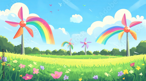Rainbow Windmills in Dreamy Landscape – Whimsical Clean Energy Scene