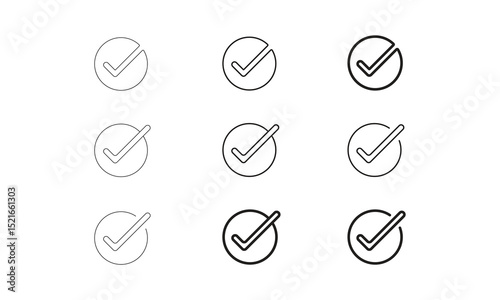 Check Mark Icon Vector Design. This image showcases a set of modern check mark icons enclosed in circular outlines, designed with varying stroke weights and visual emphasis. 