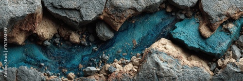 Detail of a unique rock formation showcasing vibrant blue mineral deposits amidst a rugged earth surface with various stone textures