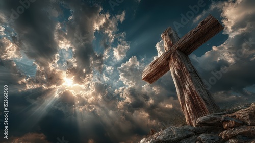 Wood cross stands against a dramatic sky with rays of light breaking through dark clouds at sunset