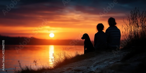 Couple and dog enjoying sunset by the lake in a peaceful evening setting