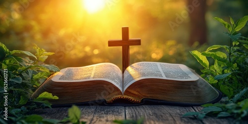 Open Bible with a Cross in a Sunlit Forest at Dusk
