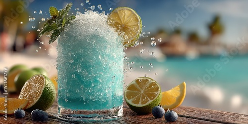 Refreshing blue cocktail served on a wooden table beside a pool during a sunny afternoon